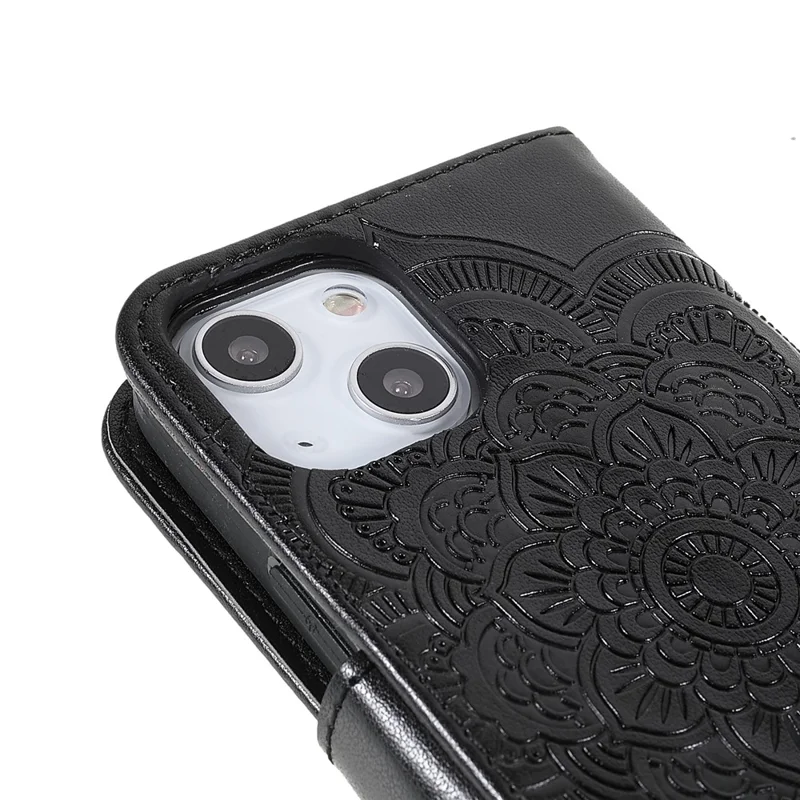Imprinting Mandala Flower PU Leather Phone Stand Cover Wallet Case with Strap for iPhone 14 / 13 - Black