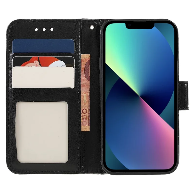 Imprinting Mandala Flower PU Leather Phone Stand Cover Wallet Case with Strap for iPhone 14 / 13 - Black