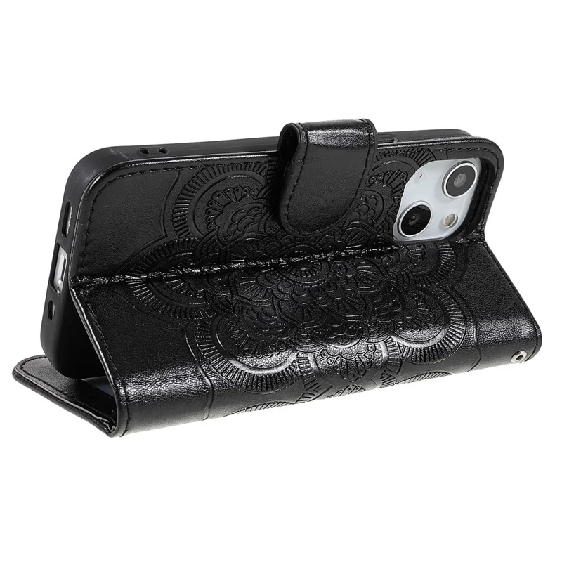 Imprinting Mandala Flower PU Leather Phone Stand Cover Wallet Case with Strap for iPhone 14 / 13 - Black