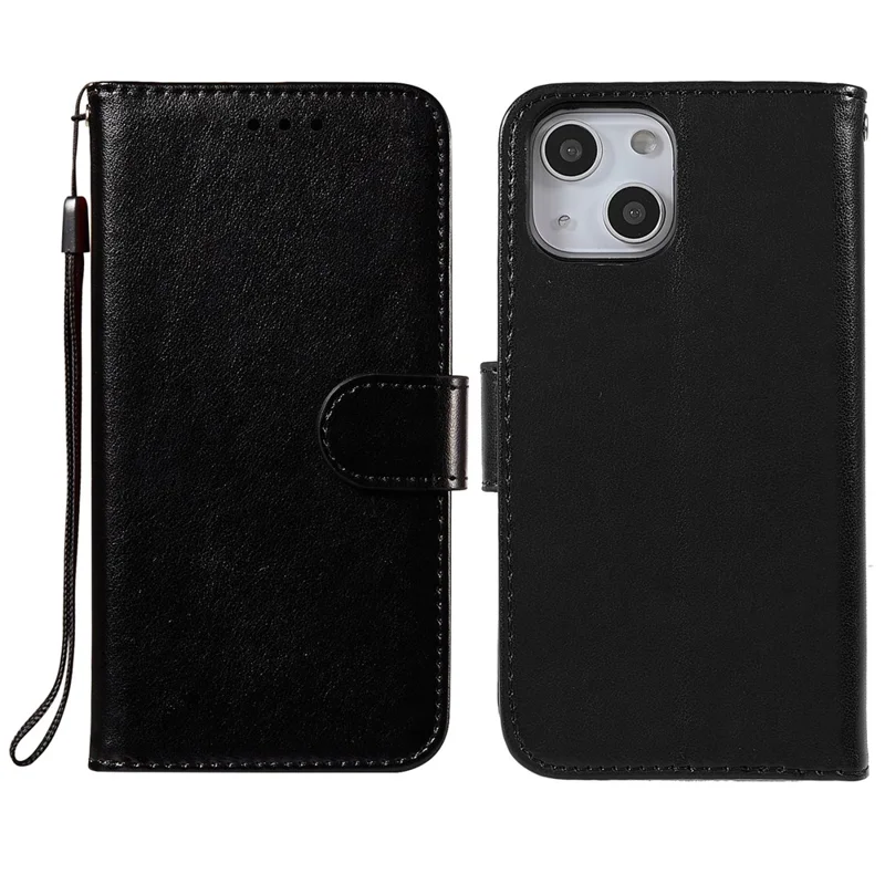 Solid Color PU Leather Wallet Case Magnetic Closure Stand Feature Flip Cover with Strap for iPhone 14 / 13 - Black