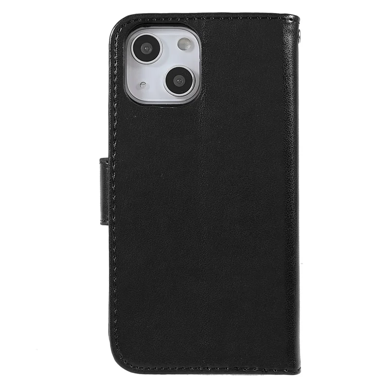 Solid Color PU Leather Wallet Case Magnetic Closure Stand Feature Flip Cover with Strap for iPhone 14 / 13 - Black