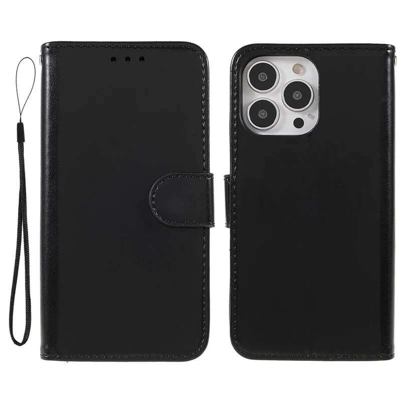 Durable Magnetic Solid Color PU Leather Folio Wallet Stand Flip Cover Case with Wrist Strap for iPhone 13 Pro 6.1 inch - Black