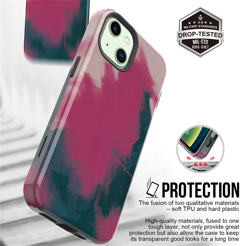 Water Transfer Printing Design Anti-Scratch PC + Soft TPU Protective Shockproof Phone Case for iPhone 13 6.1 inch - Style J