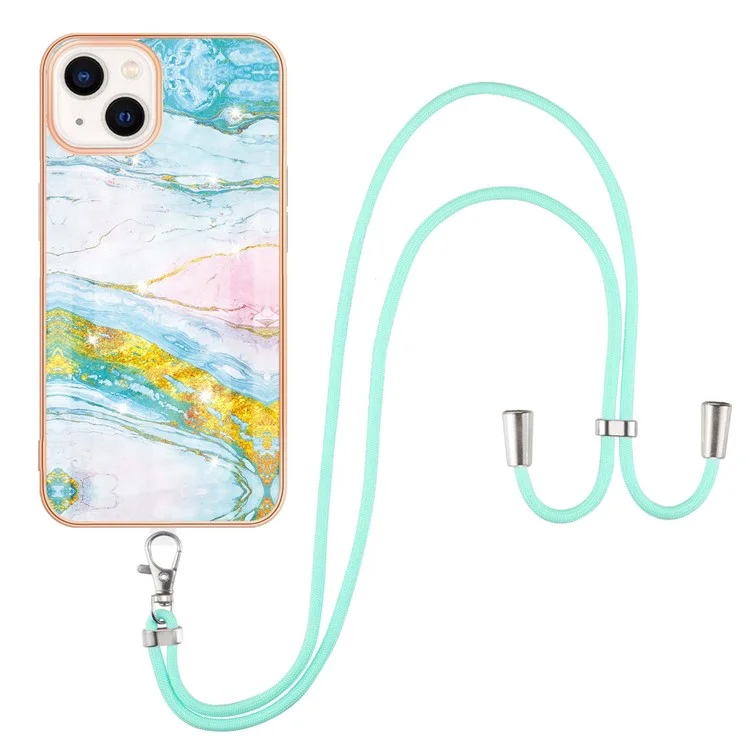 Drop Buffer IML IMD Marble Pattern Electroplating Frame TPU Phone Cover Case with Adjustable Lanyard for iPhone 13 6.1 inch - Verde 004
