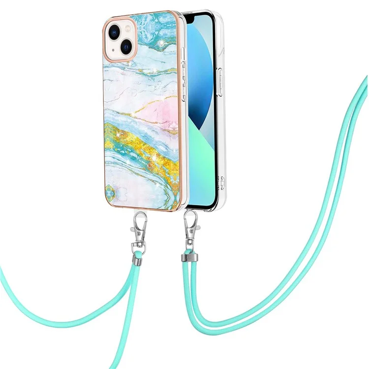 Drop Buffer IML IMD Marble Pattern Electroplating Frame TPU Phone Cover Case with Adjustable Lanyard for iPhone 13 6.1 inch - Verde 004
