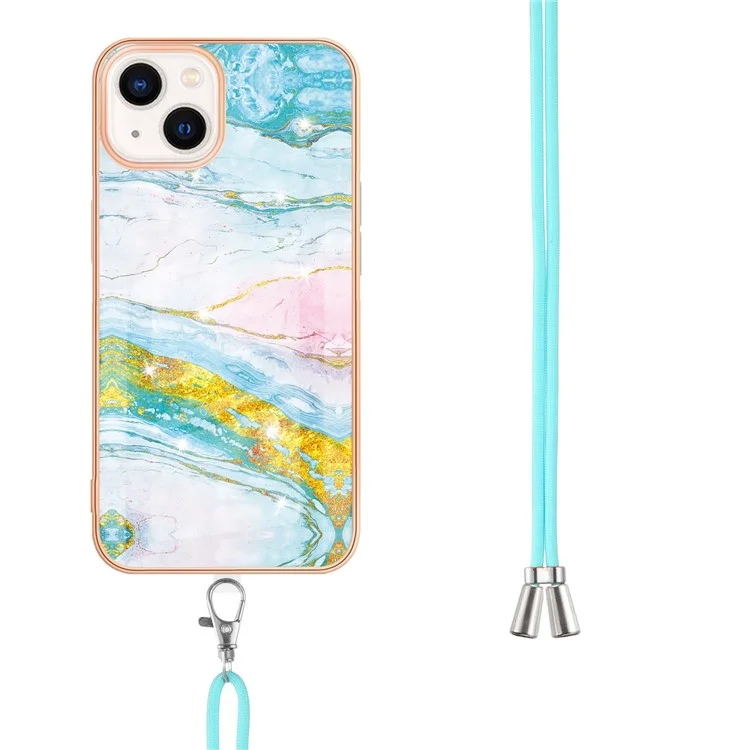 Drop Buffer IML IMD Marble Pattern Electroplating Frame TPU Phone Cover Case with Adjustable Lanyard for iPhone 13 6.1 inch - Verde 004