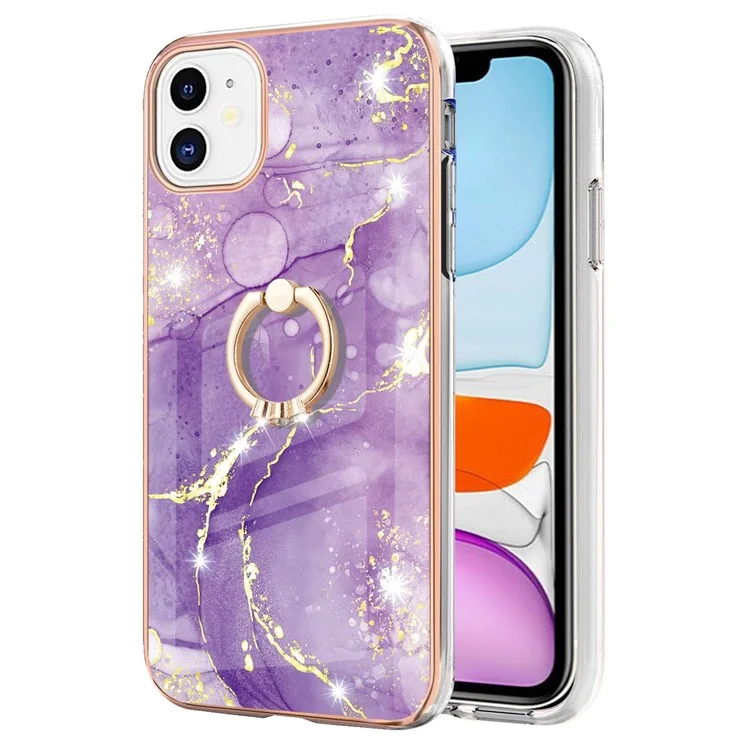 Case with Ring Kickstand Marble Pattern Electroplating TPU Back Cover for iPhone 11 6.1 inch - Purple 002