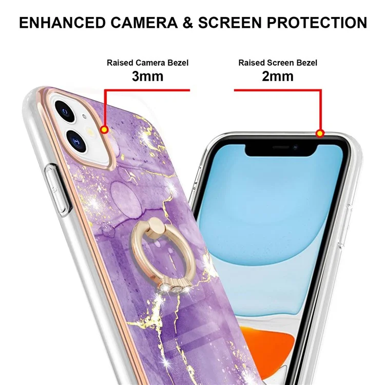 Case with Ring Kickstand Marble Pattern Electroplating TPU Back Cover for iPhone 11 6.1 inch - Purple 002