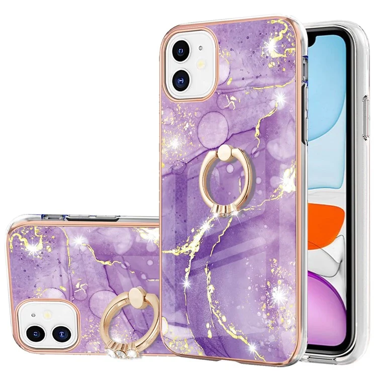 Case with Ring Kickstand Marble Pattern Electroplating TPU Back Cover for iPhone 11 6.1 inch - Purple 002