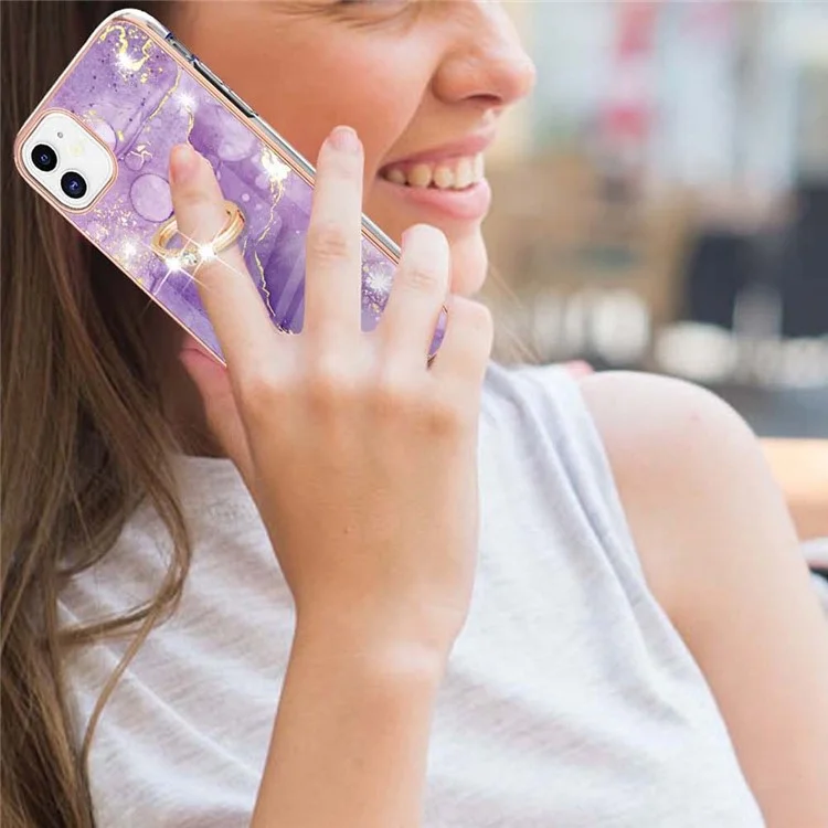 Case with Ring Kickstand Marble Pattern Electroplating TPU Back Cover for iPhone 11 6.1 inch - Purple 002