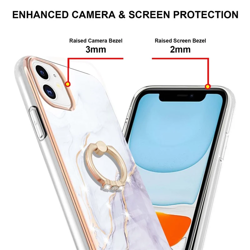Case with Ring Kickstand Marble Pattern Electroplating TPU Back Cover for iPhone 11 6.1 inch - White 006
