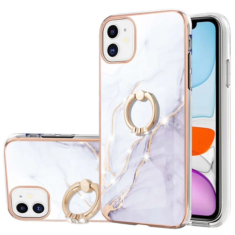Case with Ring Kickstand Marble Pattern Electroplating TPU Back Cover for iPhone 11 6.1 inch - White 006