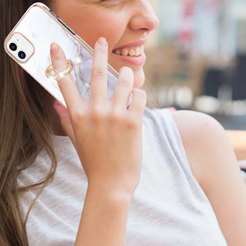 Case with Ring Kickstand Marble Pattern Electroplating TPU Back Cover for iPhone 11 6.1 inch - White 006