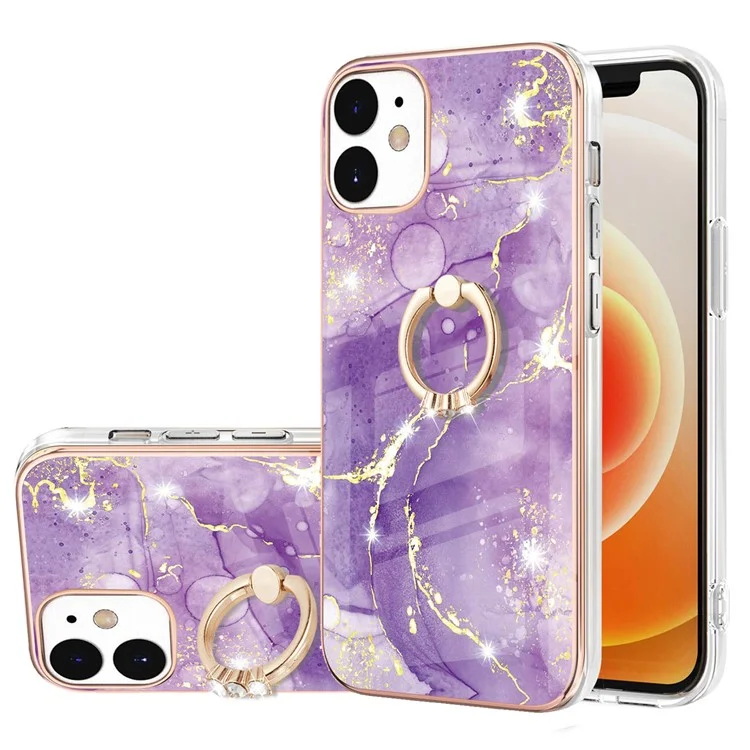 Elettroplando Vivido IML IMD Modello in Marmo Ultra-sottile Custodia Del Telefono TPU Flessibile Con Cavalletto Per Iphone 12 6,1 Pollici/12 Pro 6,1 Pollici - Purple 002