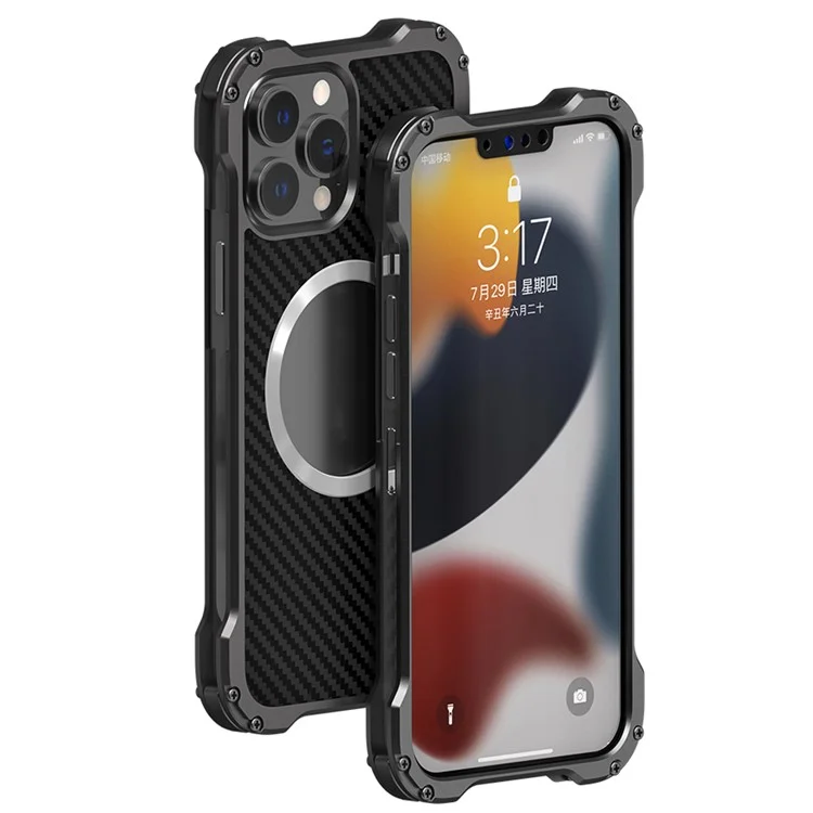 R-JUST Back Hollow Heat Dissipation Drop-Resistant Carbon Fiber PC + Aluminum Alloy Phone Case per iPhone 13 Pro Max 6.7 pollici - Grigio