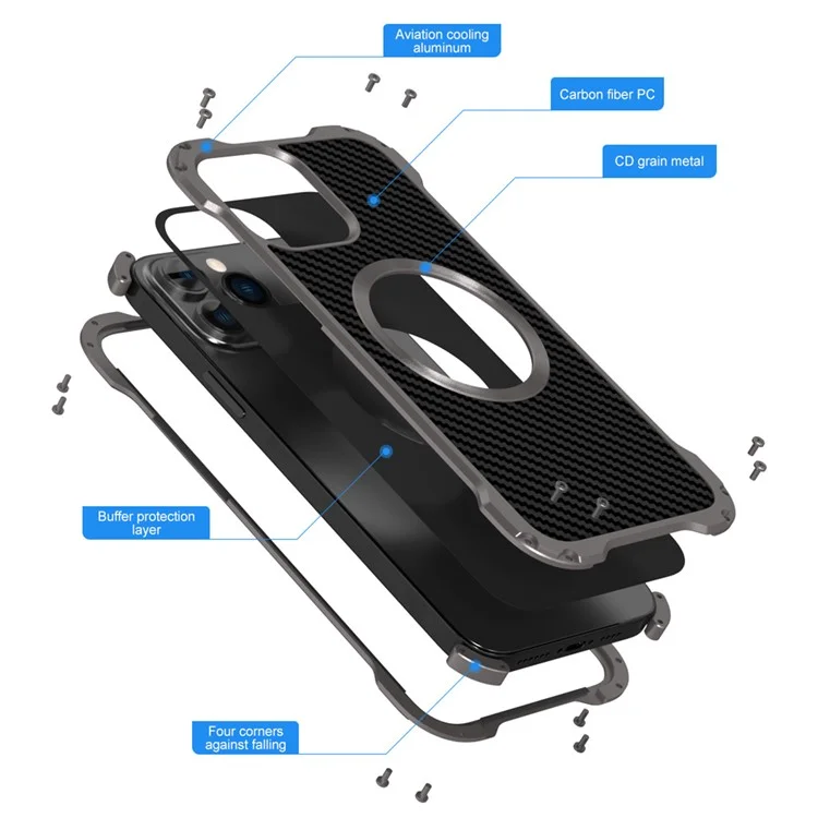 R-JUST Back Hollow Heat Dissipation Drop-Resistant Carbon Fiber PC + Aluminum Alloy Phone Case per iPhone 13 Pro Max 6.7 pollici - Grigio