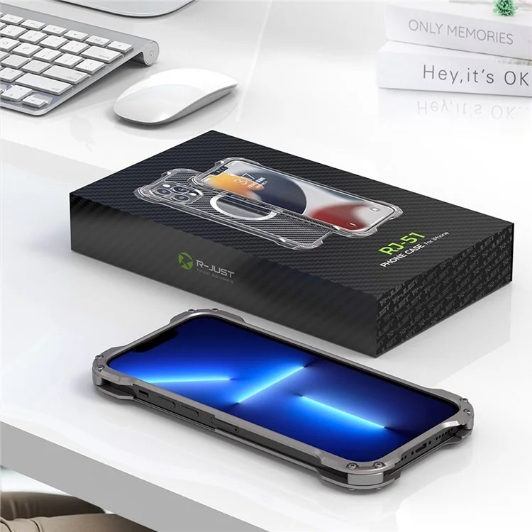R-JUST Back Hollow Heat Dissipation Drop-Resistant Carbon Fiber PC + Aluminum Alloy Phone Case per iPhone 13 Pro Max 6.7 pollici - Grigio