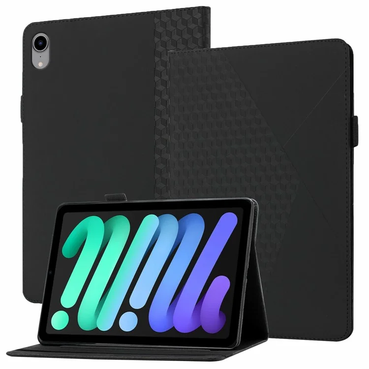 Rhombus Imprinting Design Leather Folding Folio Stand Case with Card Slots and Elastic Band for iPad mini (2024) / mini (2021) - Black