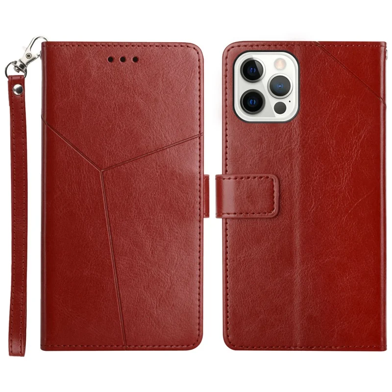 Y-shaped Line Imprinted Full Protection Leather Phone Case Stand Wallet Cover with Strap for iPhone 13 Pro Max 6.7 inch - Wine Red