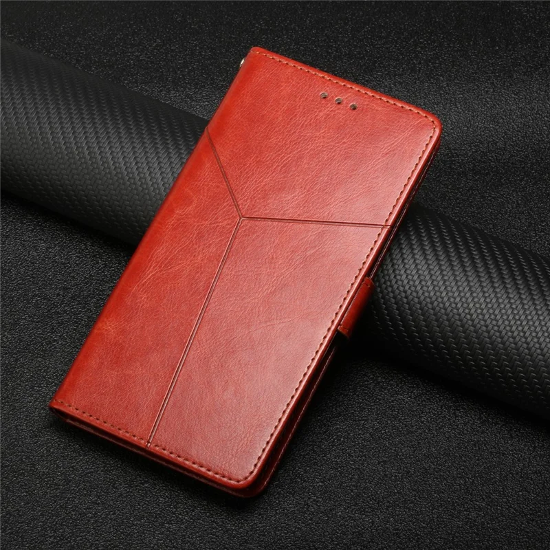 Y-shaped Line Imprinted Full Protection Leather Phone Case Stand Wallet Cover with Strap for iPhone 13 Pro Max 6.7 inch - Wine Red