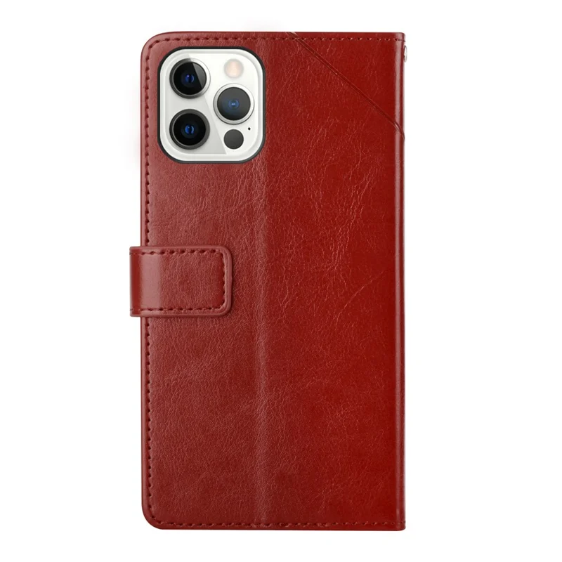 Y-shaped Line Imprinted Full Protection Leather Phone Case Stand Wallet Cover with Strap for iPhone 13 Pro Max 6.7 inch - Wine Red