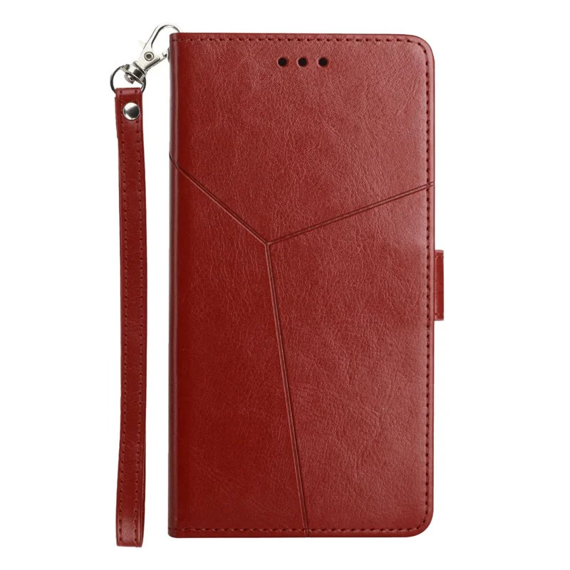 Y-shaped Line Imprinted Full Protection Leather Phone Case Stand Wallet Cover with Strap for iPhone 13 Pro Max 6.7 inch - Wine Red