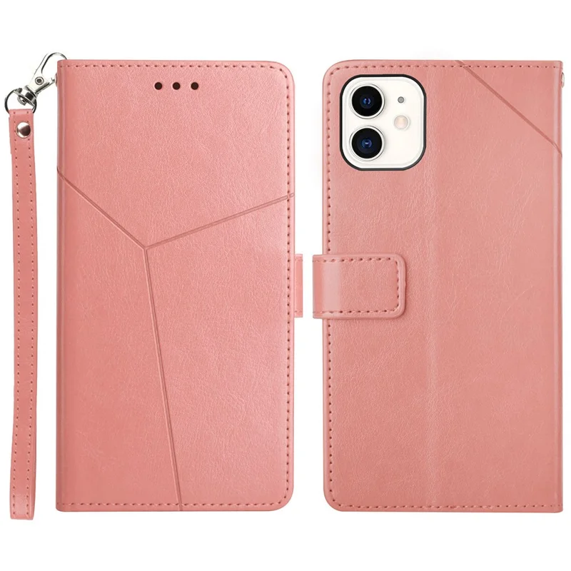 Y-shaped Line Imprinting Texture PU Leather Phone Case Stylish Wallet Shell Stand Cover for iPhone 12 mini 5.4 inch - Pink