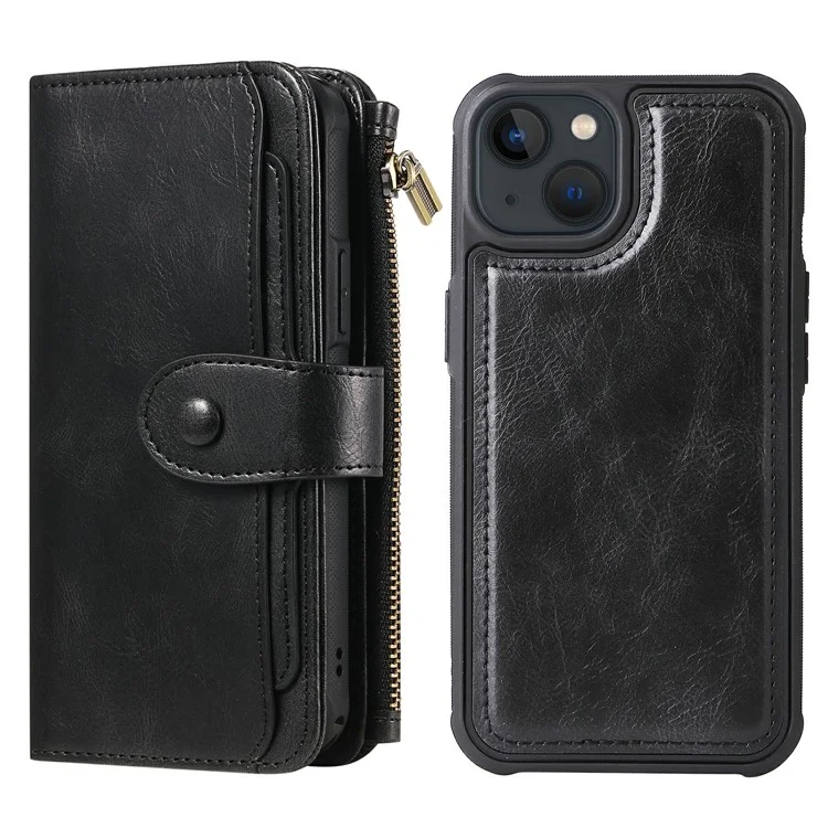 For iPhone 13 Magnetic Case Detachable PU Leather Zipper Wallet Cover - Black