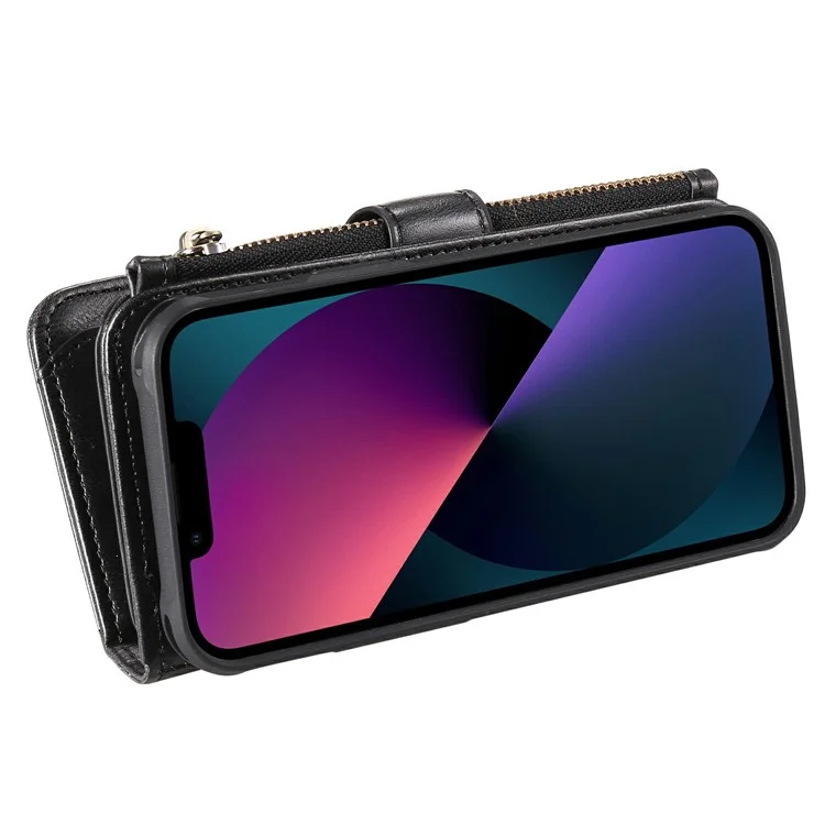 For iPhone 13 Magnetic Case Detachable PU Leather Zipper Wallet Cover - Black