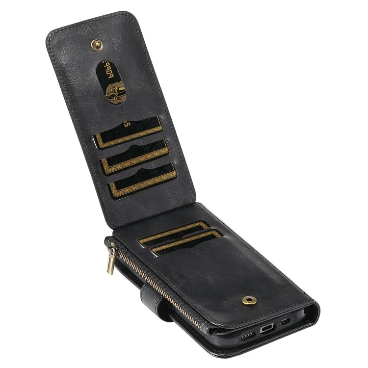 For iPhone 13 Magnetic Case Detachable PU Leather Zipper Wallet Cover - Black