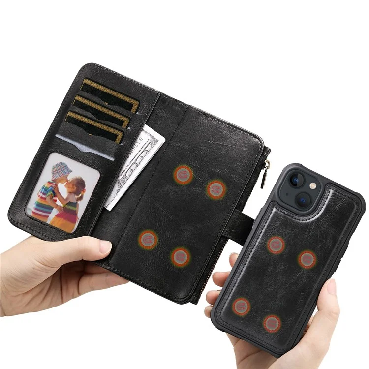 For iPhone 13 Magnetic Case Detachable PU Leather Zipper Wallet Cover - Black