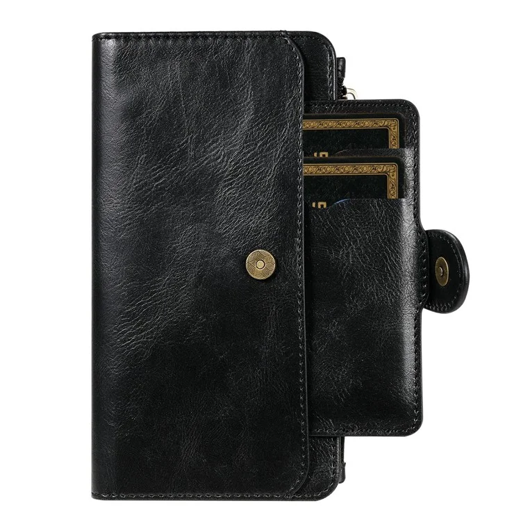 For iPhone 13 Magnetic Case Detachable PU Leather Zipper Wallet Cover - Black