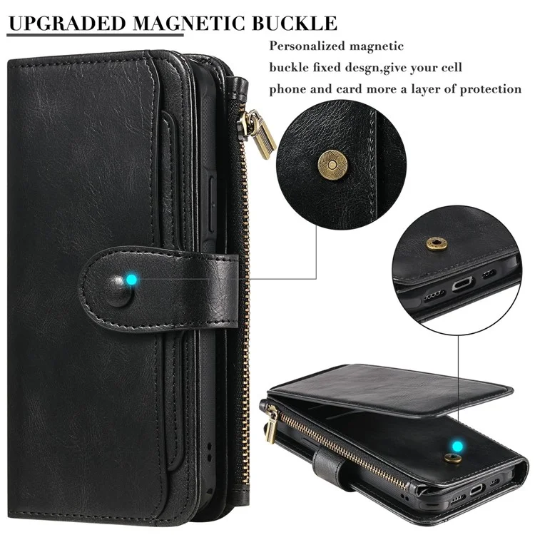 For iPhone 13 Magnetic Case Detachable PU Leather Zipper Wallet Cover - Black