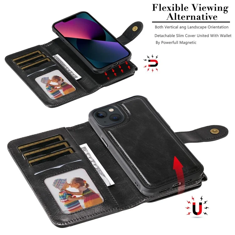 For iPhone 13 Magnetic Case Detachable PU Leather Zipper Wallet Cover - Black