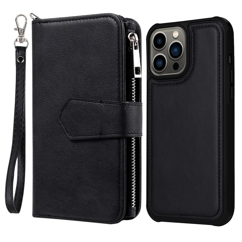 For iPhone 13 Pro Max Magnetic Leather Case Mobile Cover with Detachable Zipper Wallet Strap - Black