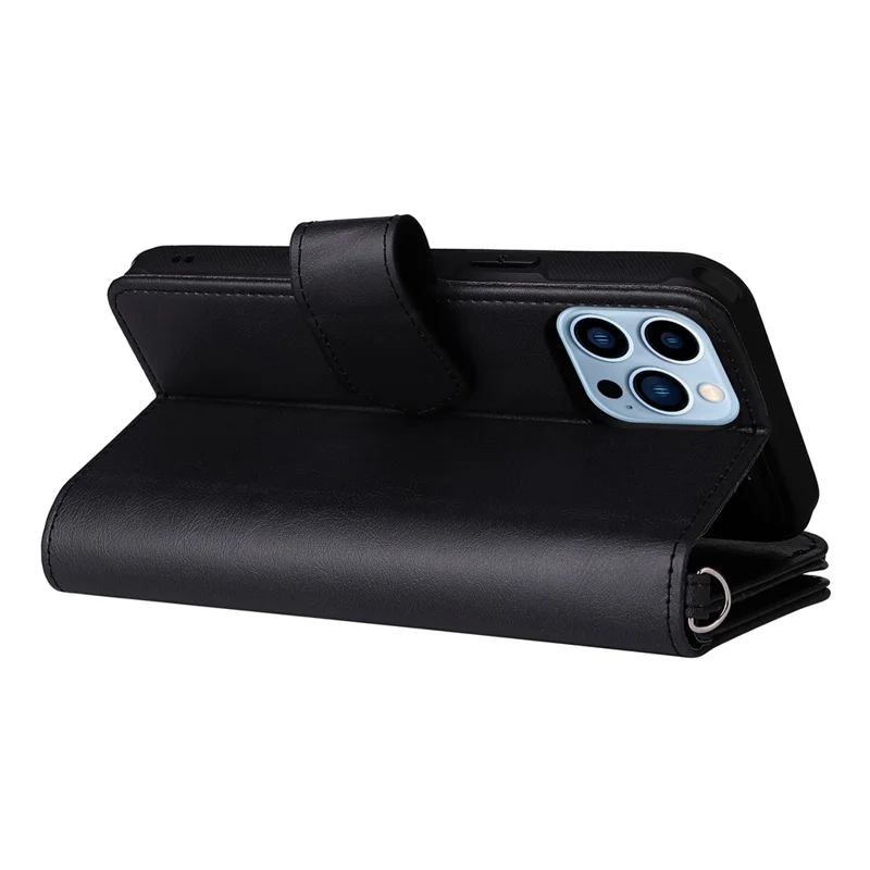 For iPhone 13 Pro Max Magnetic Leather Case Mobile Cover with Detachable Zipper Wallet Strap - Black