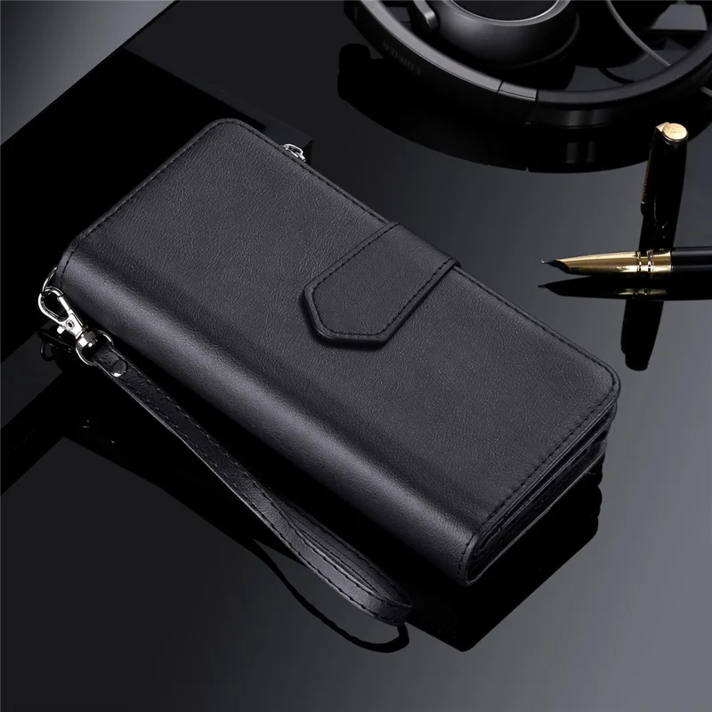 For iPhone 13 Pro Max Magnetic Leather Case Mobile Cover with Detachable Zipper Wallet Strap - Black