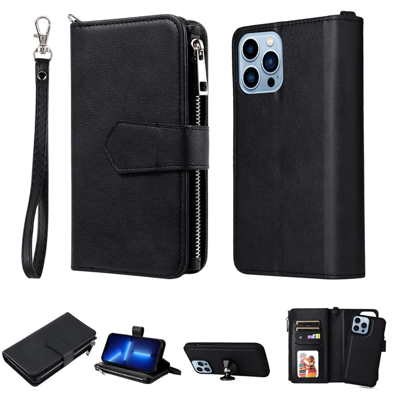 For iPhone 13 Pro Max Magnetic Leather Case Mobile Cover with Detachable Zipper Wallet Strap - Black