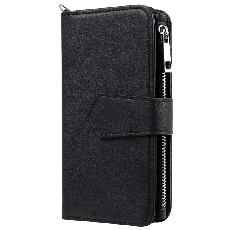 For iPhone 13 Pro Max Magnetic Leather Case Mobile Cover with Detachable Zipper Wallet Strap - Black