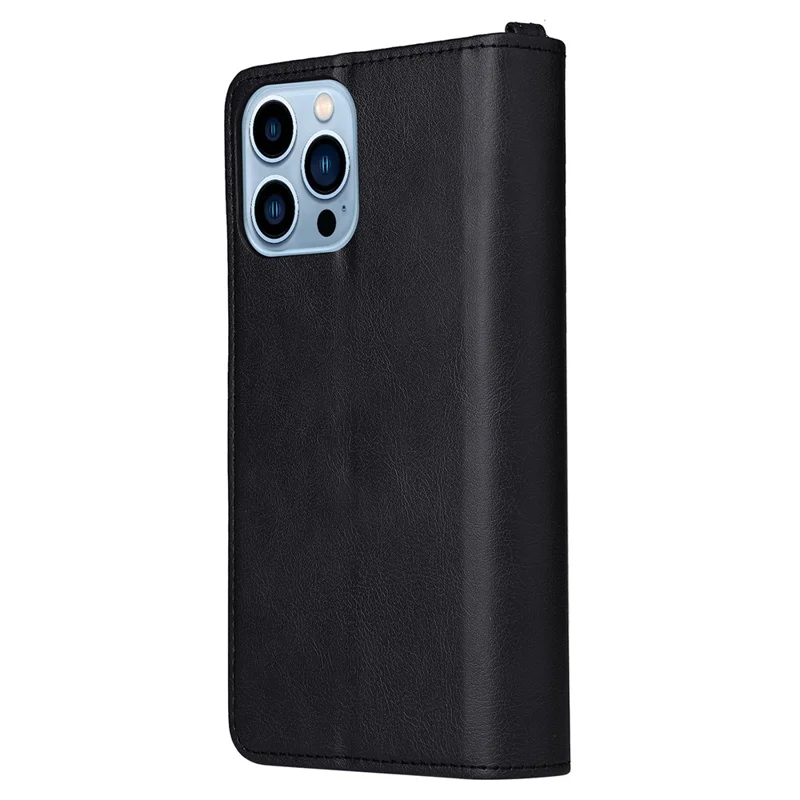 For iPhone 13 Pro Max Magnetic Leather Case Mobile Cover with Detachable Zipper Wallet Strap - Black