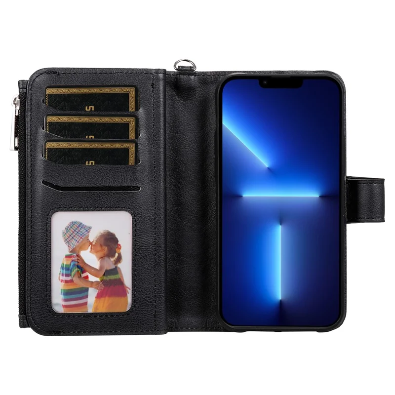 For iPhone 13 Pro Max Magnetic Leather Case Mobile Cover with Detachable Zipper Wallet Strap - Black