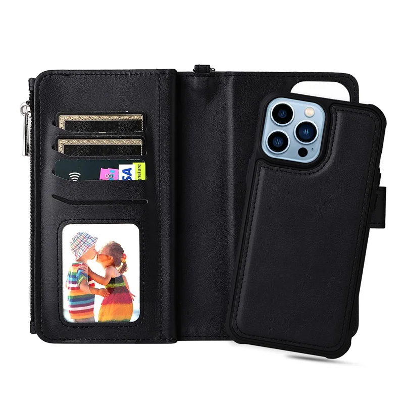 For iPhone 13 Pro Max Magnetic Leather Case Mobile Cover with Detachable Zipper Wallet Strap - Black