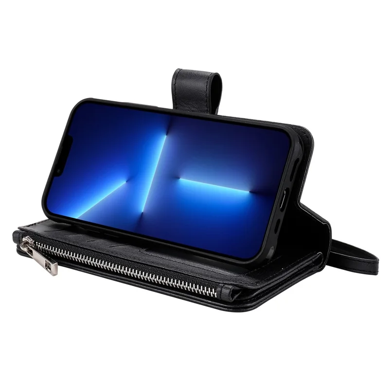 For iPhone 13 Pro Max Magnetic Leather Case Mobile Cover with Detachable Zipper Wallet Strap - Black