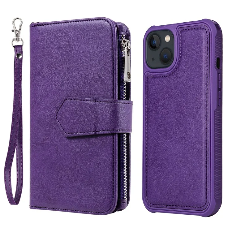 For iPhone 13 Magnetic Leather Case Mobile Cover with Detachable Zipper Wallet Strap - Purple