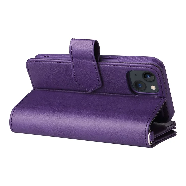 For iPhone 13 Magnetic Leather Case Mobile Cover with Detachable Zipper Wallet Strap - Purple