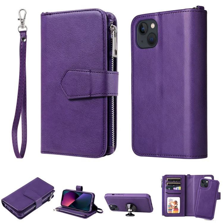 For iPhone 13 Magnetic Leather Case Mobile Cover with Detachable Zipper Wallet Strap - Purple