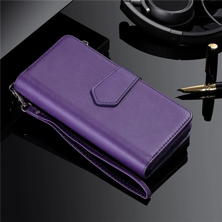 For iPhone 13 Magnetic Leather Case Mobile Cover with Detachable Zipper Wallet Strap - Purple