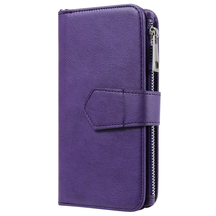For iPhone 13 Magnetic Leather Case Mobile Cover with Detachable Zipper Wallet Strap - Purple