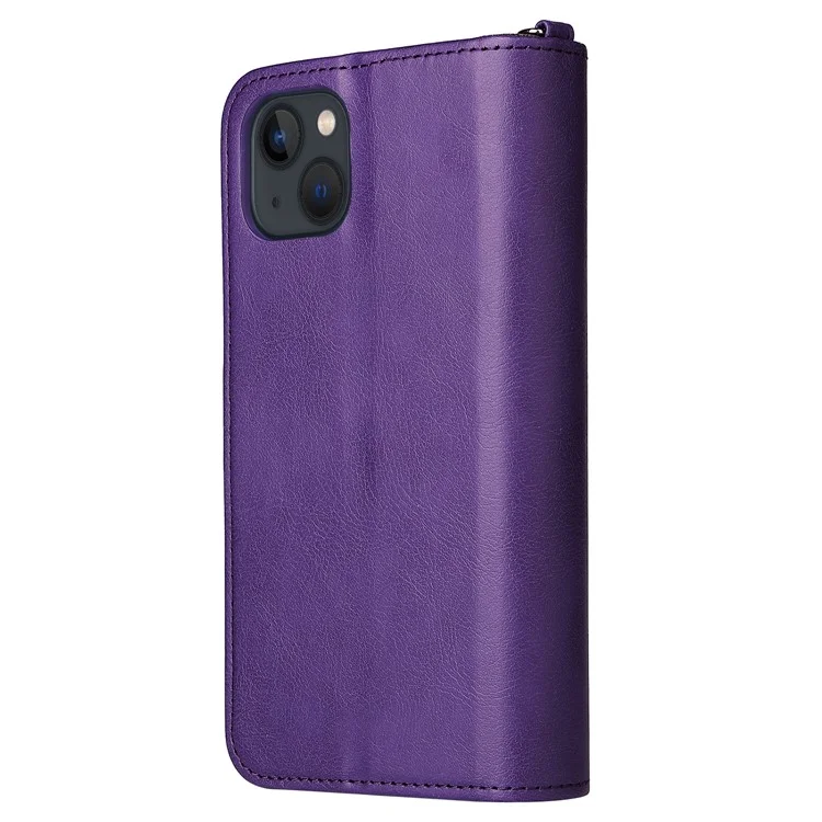 For iPhone 13 Magnetic Leather Case Mobile Cover with Detachable Zipper Wallet Strap - Purple