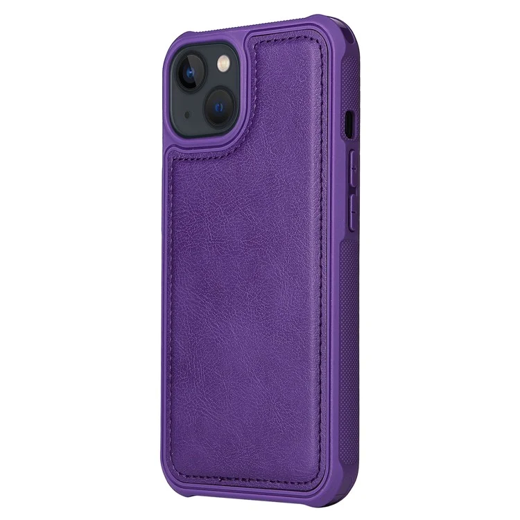 For iPhone 13 Magnetic Leather Case Mobile Cover with Detachable Zipper Wallet Strap - Purple